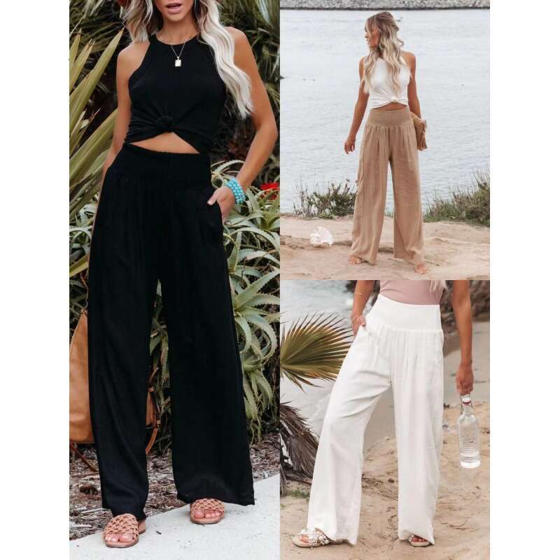 2025 Spring/summer Cotton and Hemp Large Size Womens Wide Leg Elastic Waist Casual Long Pants Versatile Long Ventilation Solid New Product New Arrival