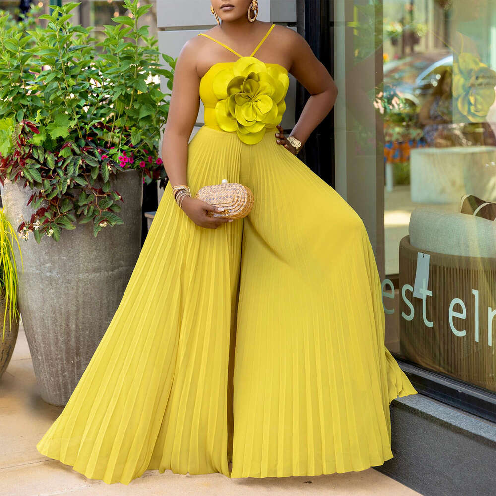 Wide Leg Jumpsuit C Women S Summer Hanging Neck Three Dimensional Flower Solid Color Wide Leg Plus Size Jumpsuit