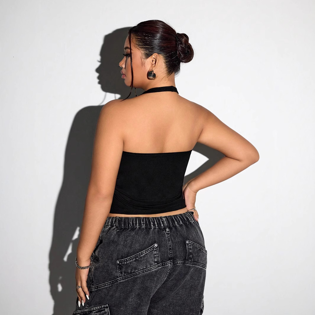 2025 Plus Size Womens Sexy Hanging Neck T-shirt for Spring and Summer Backless Design V-neck Short Top