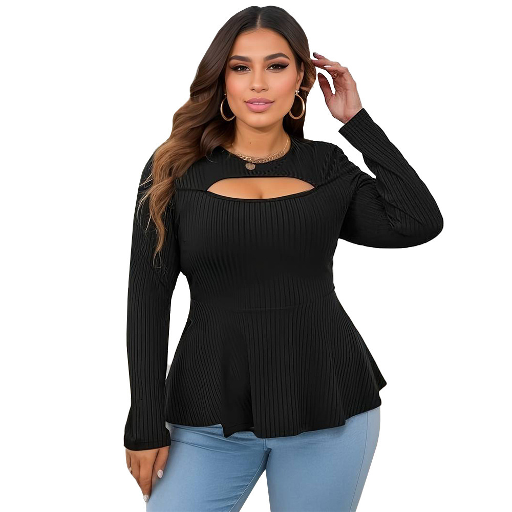 Autumn and Winter Plus Size Womens Round Neck Long Sleeved T-shirt Elegant Commuting Style Slim Fit Solid Color Waist Cinching Top