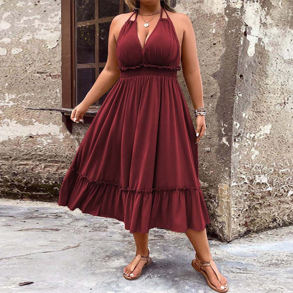 Plus Size Womens Roman Vacation Style Dress Summer New V-neck Hanging Neck Mid Length Skirt