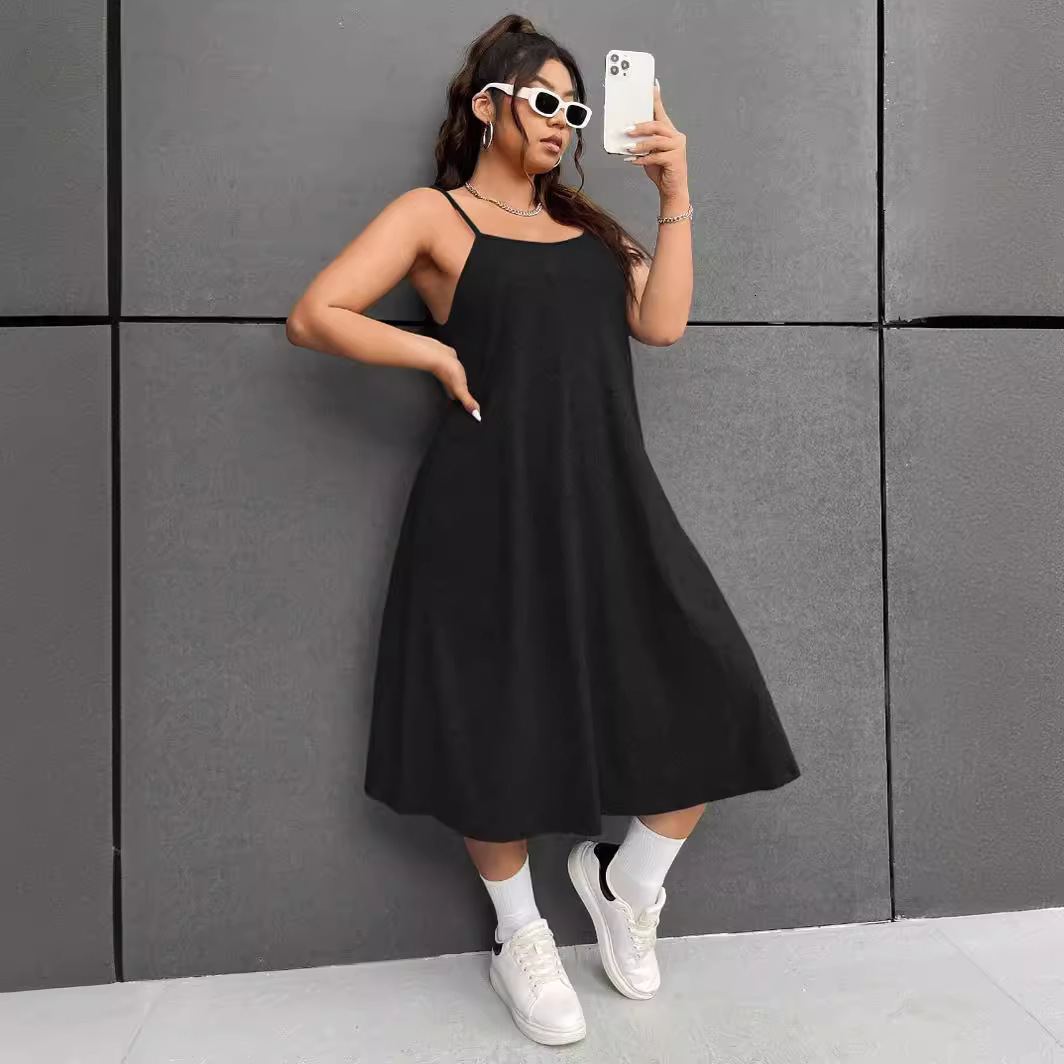 New Plus Size Womens Casual Style U-neck Sleeveless Dress with High Waist and A-line Suspender Skirt