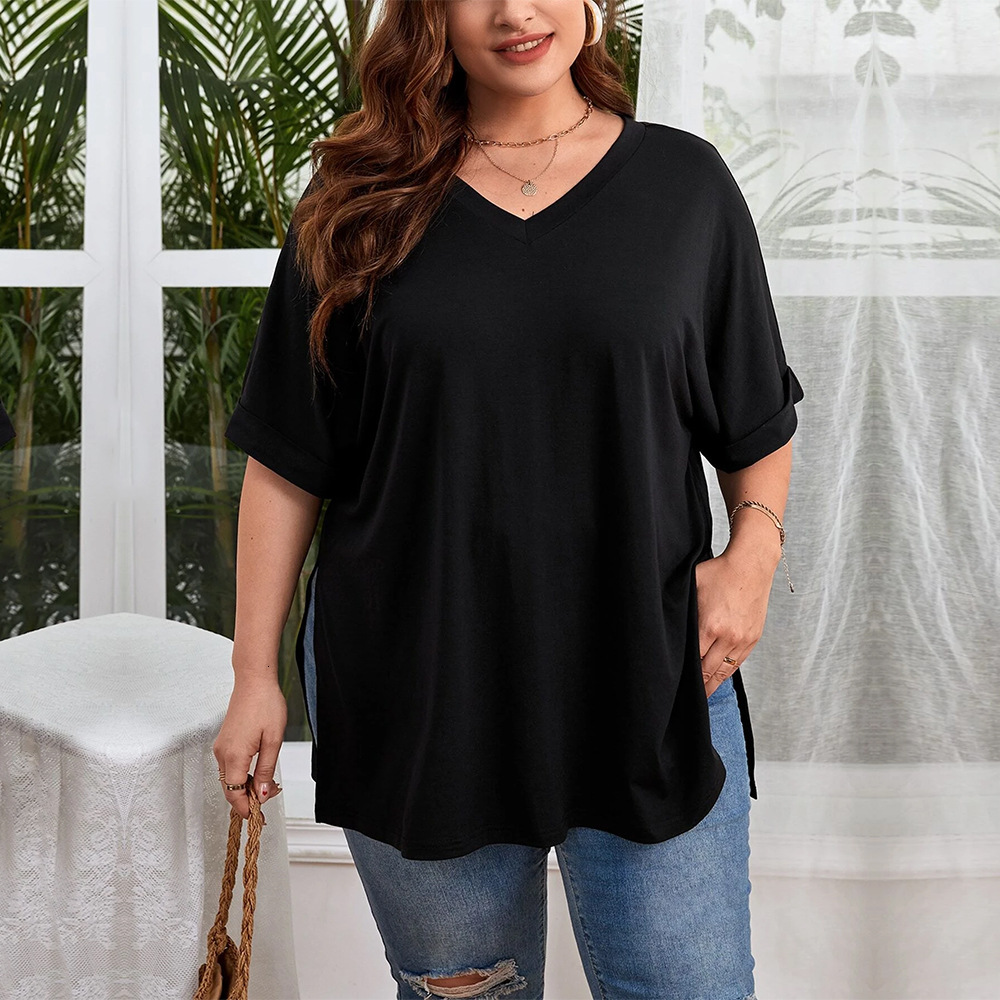 Large Size Womens New Sexy V-neck Loose Casual Slit Solid Color Short Sleeved T-shirt Top