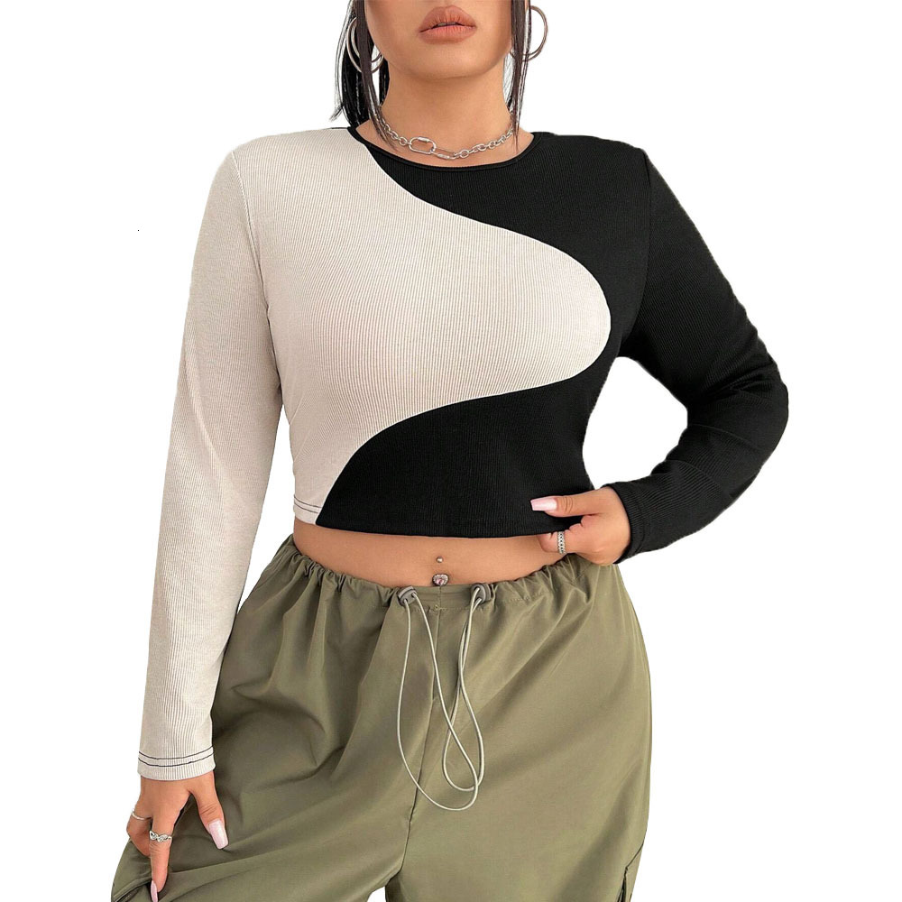 Autumn and Winter New Slim Fit Exposed Navel Splicing Contrasting Color Slimming Ultra Short Sexy Round Neck Long Sleeved T-shirt Top