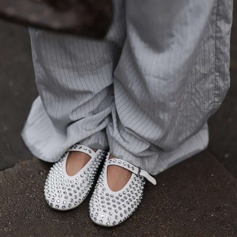 Premium Cowhide Edition~Genuine Leather Round Head Water Diamond Rivet Mary Jane Single Women's Flat Bottom Comfortable Ballet Dance Shoes