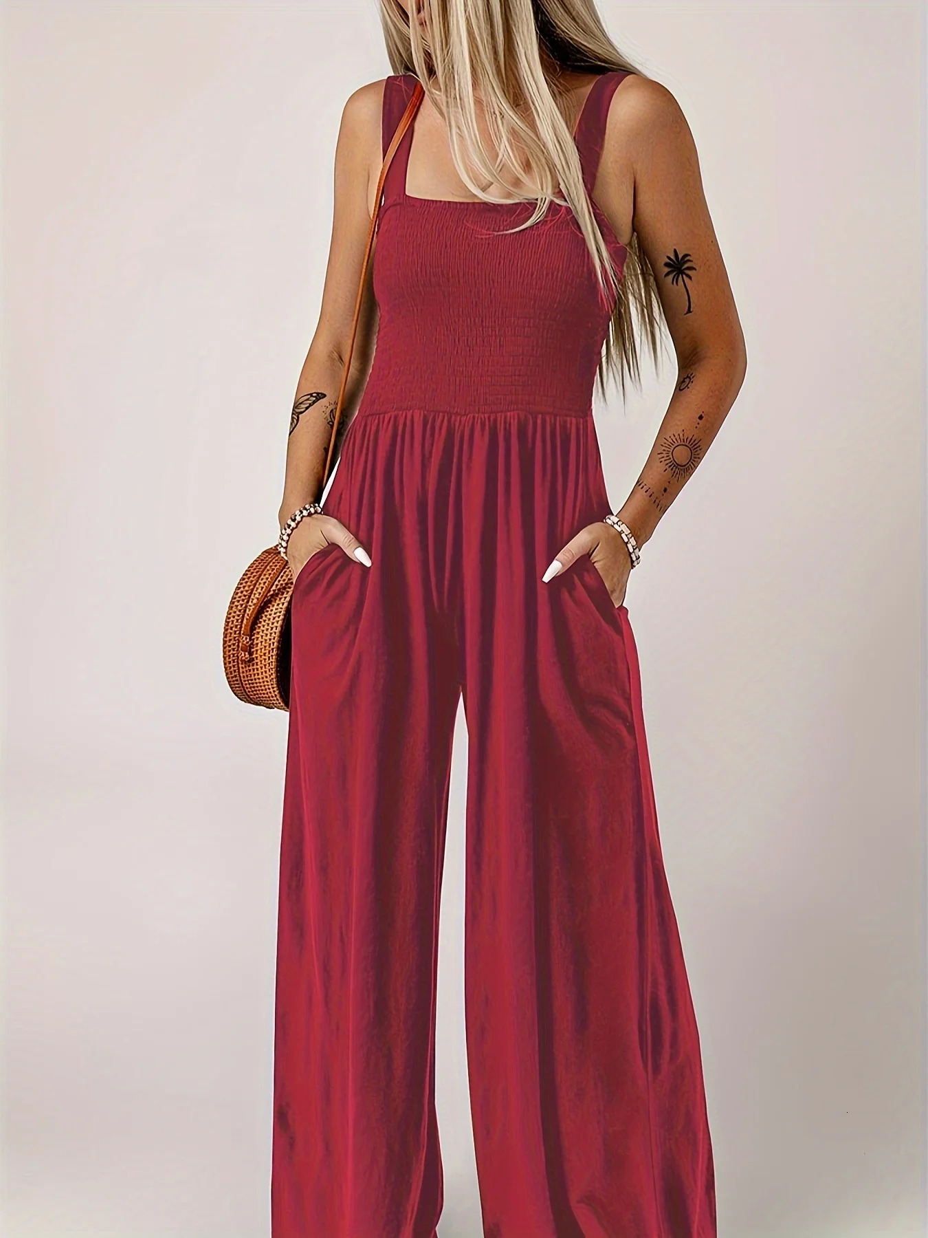 plus size Solid color wide leg pants with minimalist commuting style high waisted suspender jumpsuit for women 250515