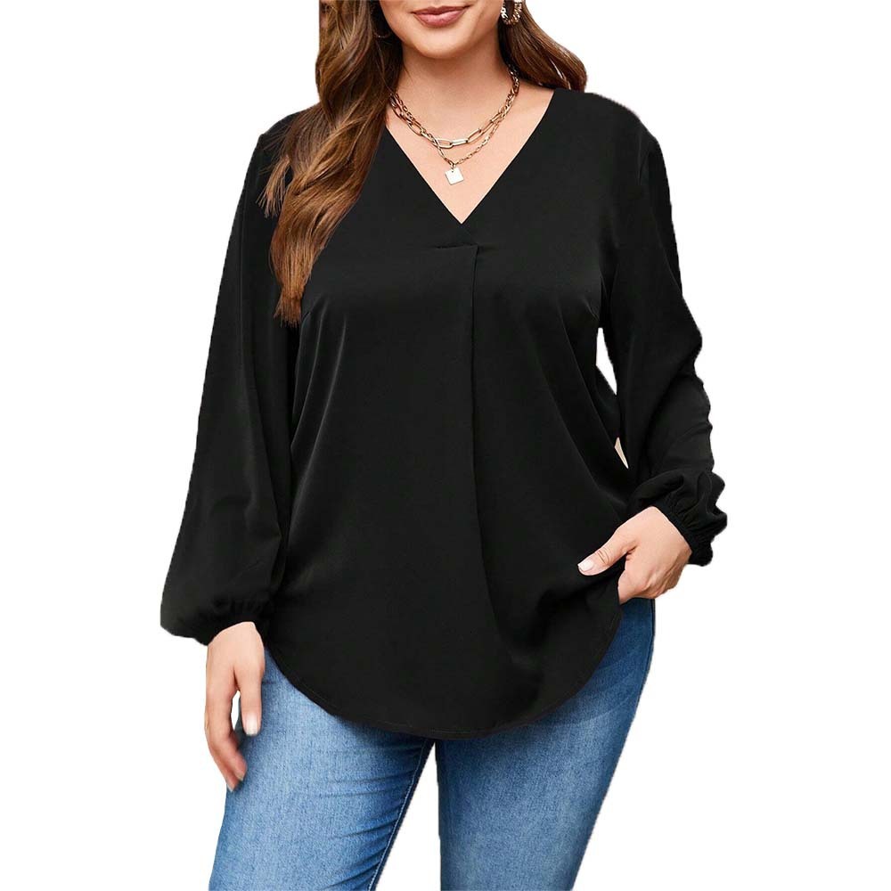 Plus Size Womens Simple and Intellectual Style T-shirt Autumn and Winter Fashion Versatile V-neck Slim Fit Top