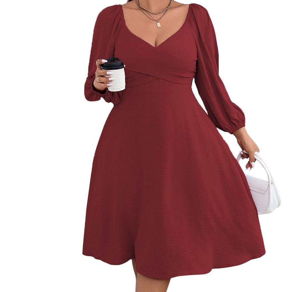 Plus Size Womens Clothing Elegant Style Red Dress Autumn and Winter V-neck Long Sleeved Mid Length Skirt