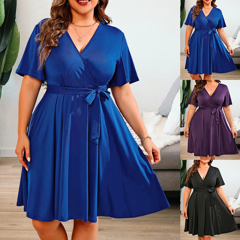 Women Summer Solid Short Sleeve V-Neck A-Line Dress Plus Size Ladies Casual Elegant Sundress Clothing 250515