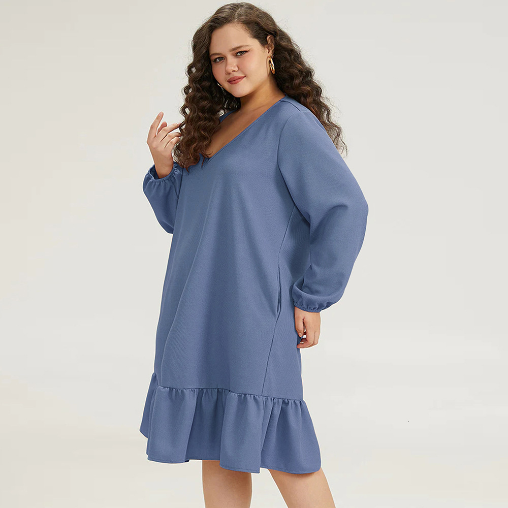 Large Size Womens Autumn and Winter Loose Casual Ruffle Edge V-neck Pocket Solid Color Temperament Dress
