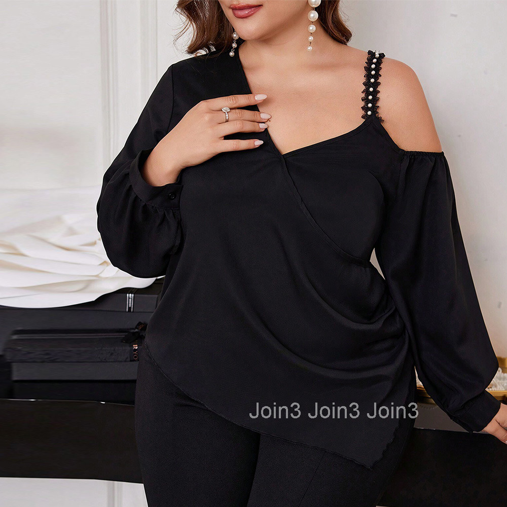 Large Size Womens Elegant Style Loose T-shirt Autumn and Winter New Item Irregular Off Shoulder Inner Top