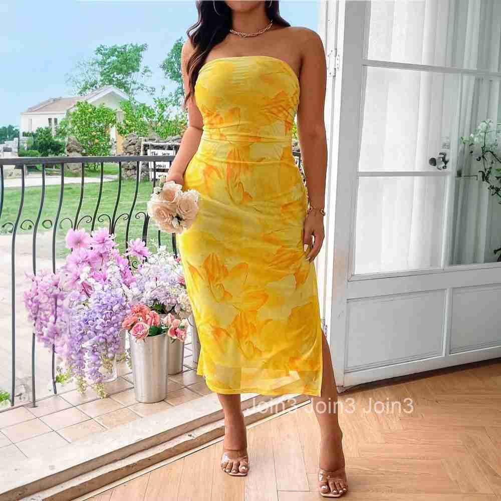 Plus Size Womens Sexy Printed Dress Summer One Neck Strapless Long Dress