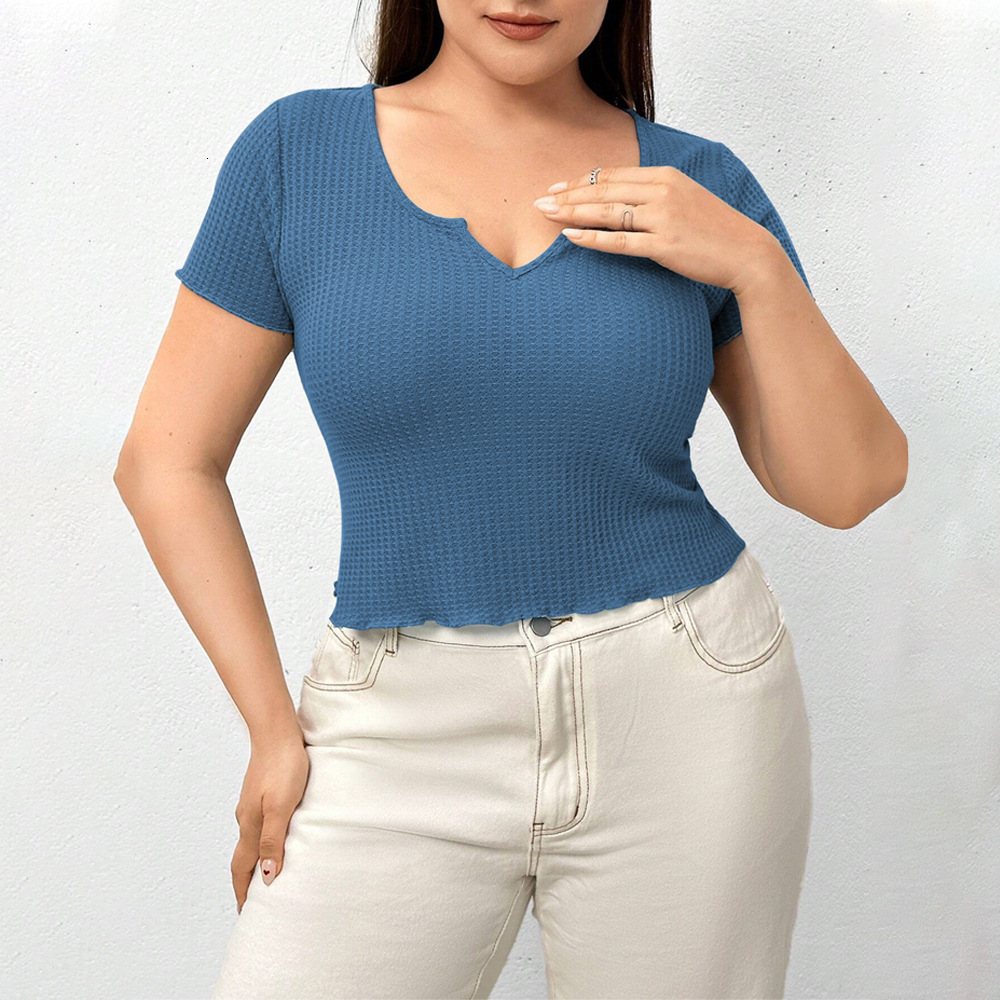 Plus Size Womens Waffle Breathable Slim Fit Temperament Solid Color T-shirt Top