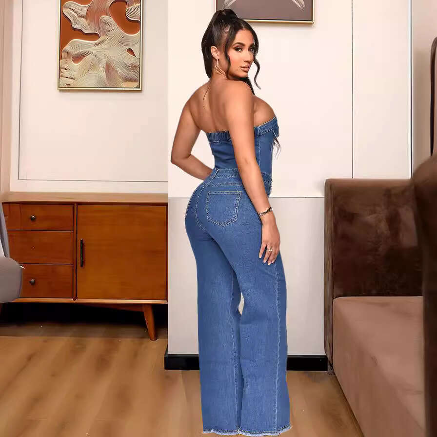 Wide Leg Jumpsuit Women S New Strapless One Shoulder Slim Fit Micro Flared Jumpsuit Jeans