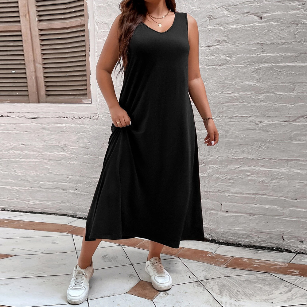 Large Size Womens New Loose H-shaped Casual Solid Color Sleeveless Vest V-neck Dress
