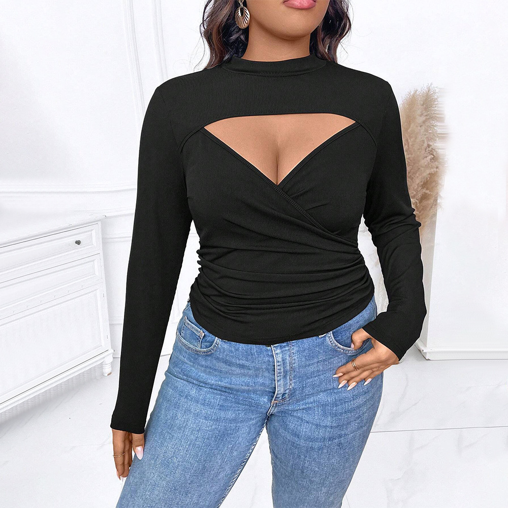 Large Size Womens Deep V-neck Sexy T-shirt for Autumn and Winter New Collection Pleated Slim Fit and Slimming Inner Long Sleeved Top