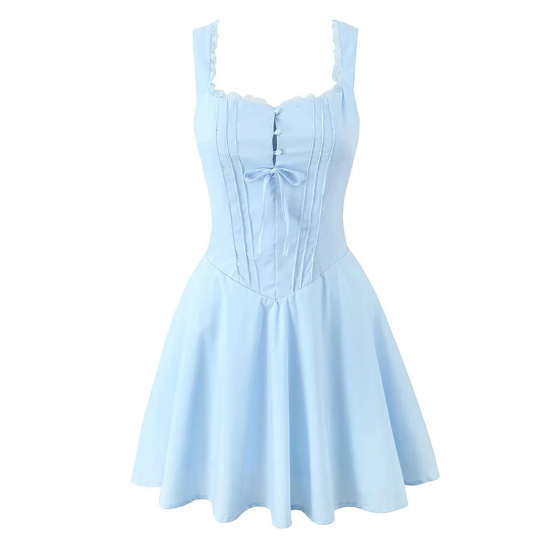 YENKYE 2025 Women Blue Elegant Party Mini Dresses Sexy Sleeveless Low Waist A-line Summer Dress Lace Up Back Robe 250515