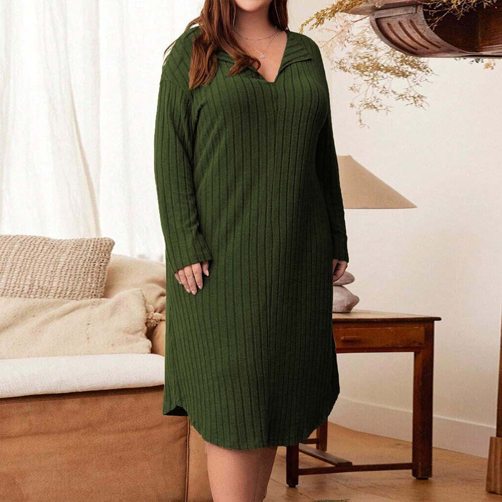 Plus Size Womens Simple Casual Style Dress Autumn and Winter Loose Fit Slimming Long Sleeved Mid Length Skirt