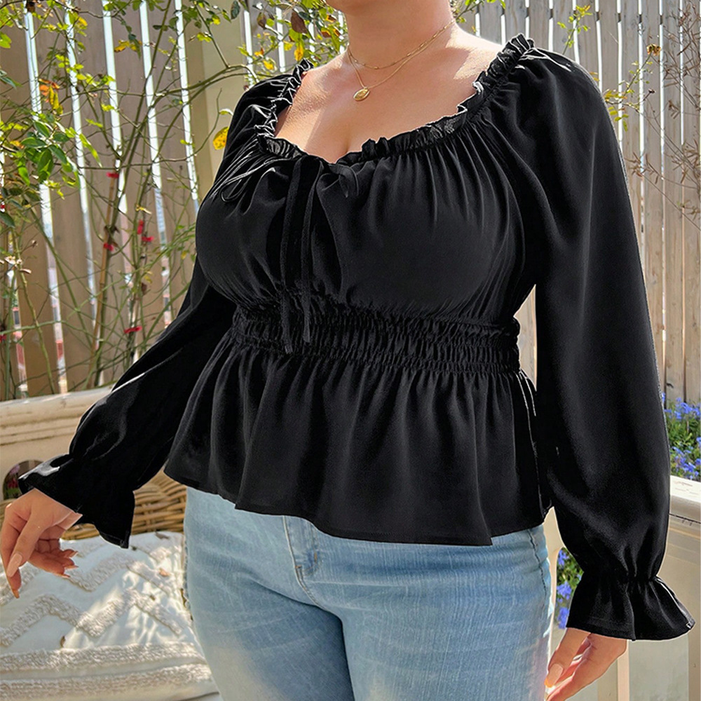 Oversized Womens Square Neck Bubble Sleeve Top with Cinched Waist for Slimming Temperament Collarbone High Waist Gentle Style T-shirt