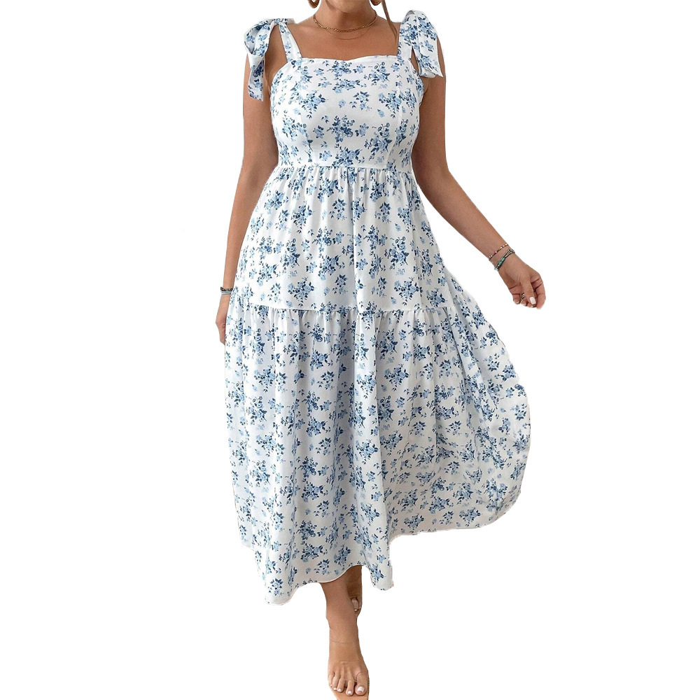 Large Size Womens Camisole Style Mid Length Skirt with Waist Cinching and Oversized Swing Printed Vacation Dress