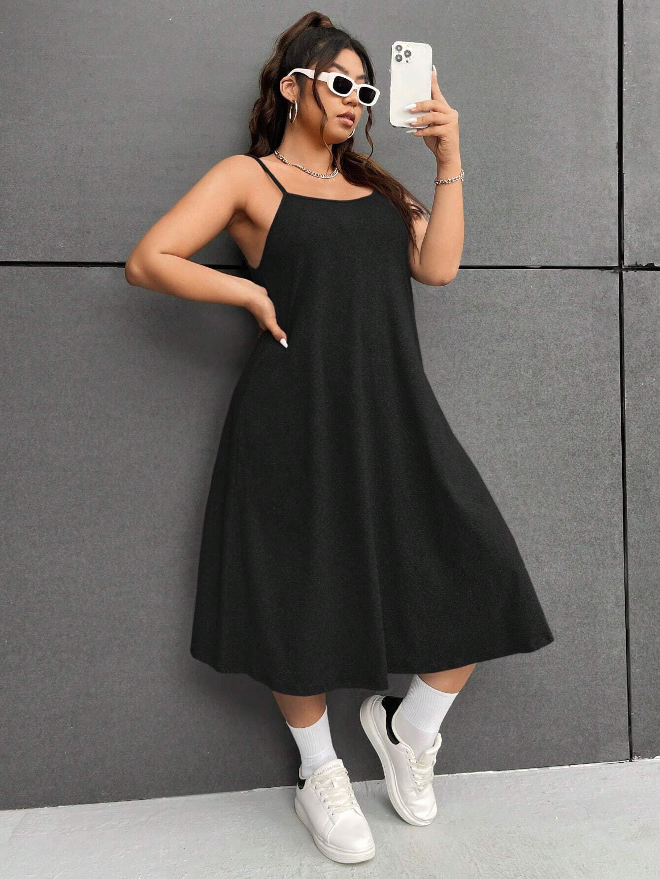 New Plus Size Womens Casual Style U-neck Sleeveless Dress with High Waist and A-line Suspender Skirt