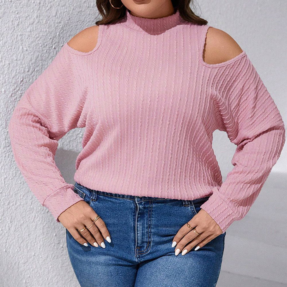 Large Size Womens Autumn and Winter New Texture Knitted Long Sleeved Half High Neck Off Shoulder T-shirt Top