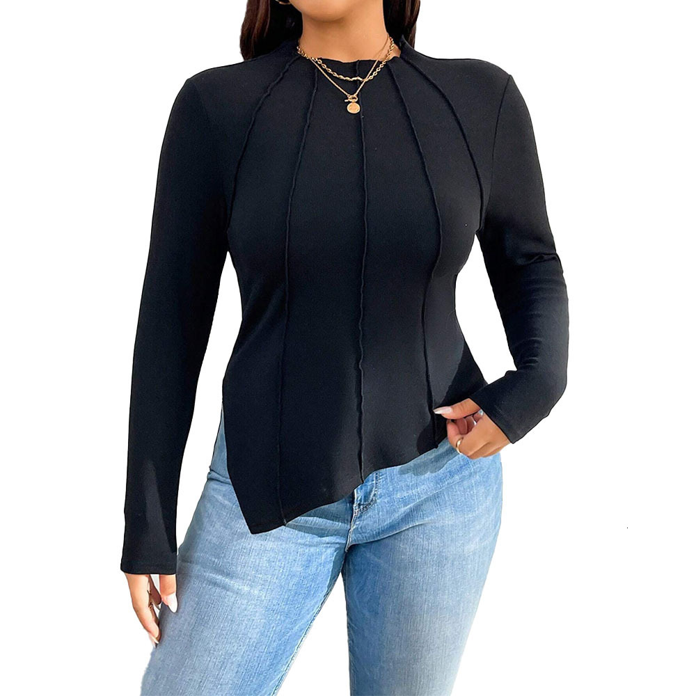 Plus Size Womens Autumn and Winter New Collection Simple and Trendy Design T-shirt Slim Fit Long Sleeved Top
