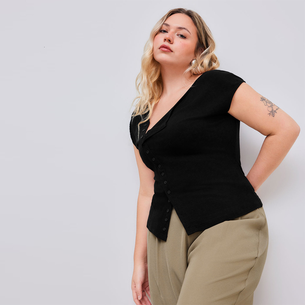 Plus Size Womens Slanted Neck T-shirt Summer New Single Breasted Slim Fit Shoulder Top