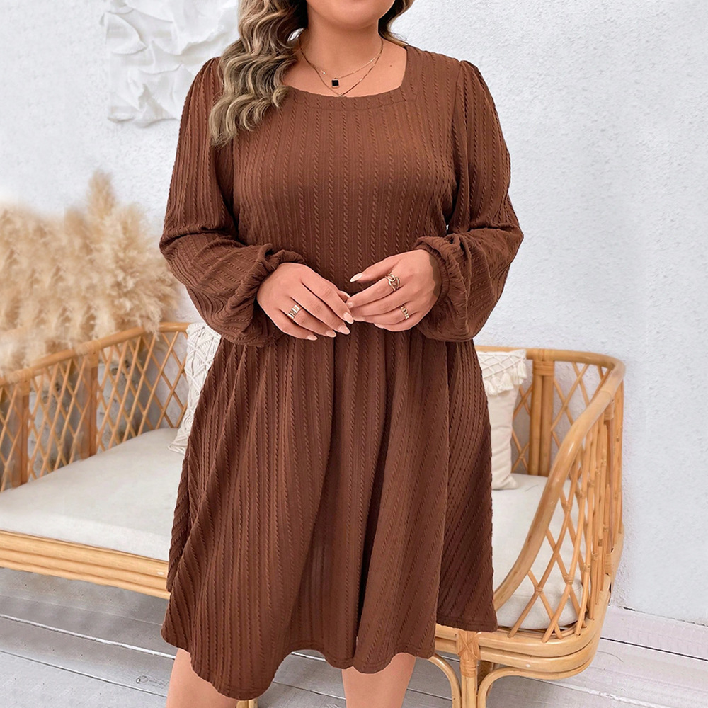 Large Size Womens Autumn and Winter Square Neck Waist Slimming High Waisted A-line Skirt Texture Dress