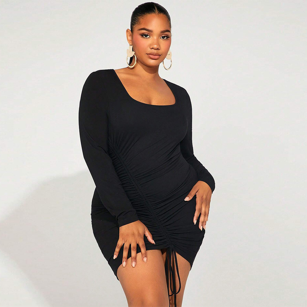 Large Size Womens Autumn and Winter Slim Fit Temperament Bag Hip Square Neck Long Sleeved Solid Color Dress