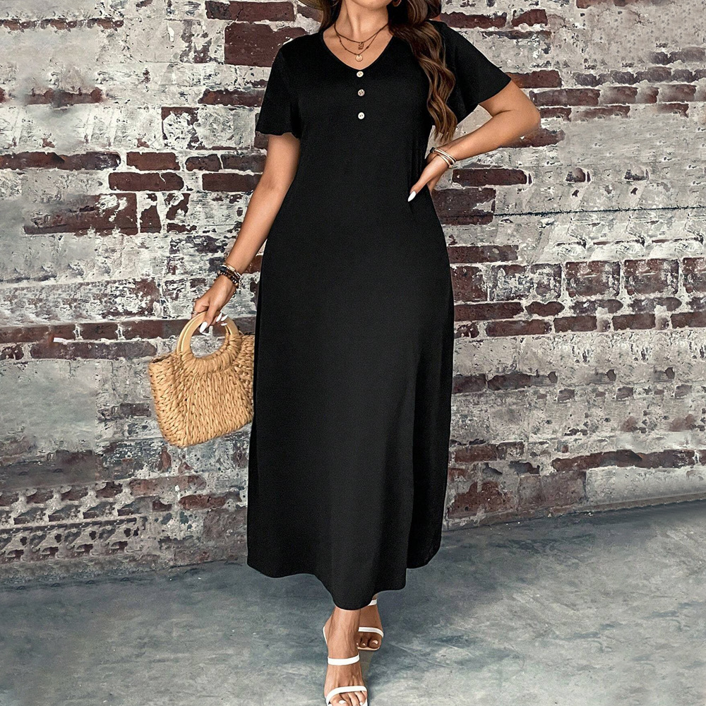 Large Size Womens Round Neck Short Sleeved Loose Dress Daily Casual Simple Style Versatile Long Skirt for Women