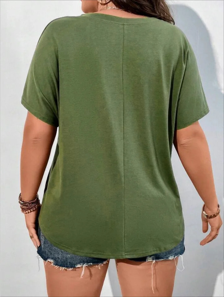 Plus Size European and American Cross Border Womens Vneck Casual Solid Color Pocket Tshirt 250514