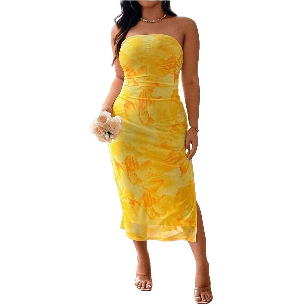 Plus Size Womens Sexy Printed Dress Summer One Neck Strapless Long Dress