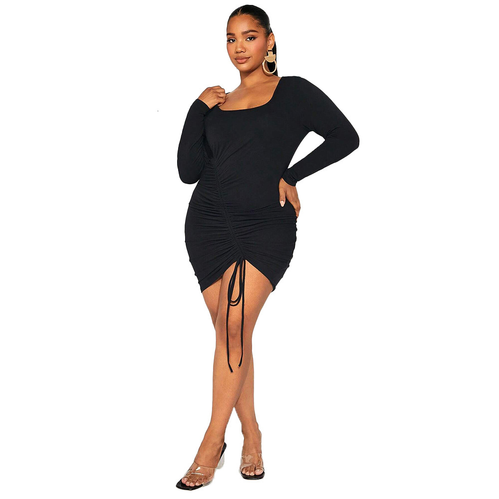 Large Size Womens Autumn and Winter Slim Fit Temperament Bag Hip Square Neck Long Sleeved Solid Color Dress
