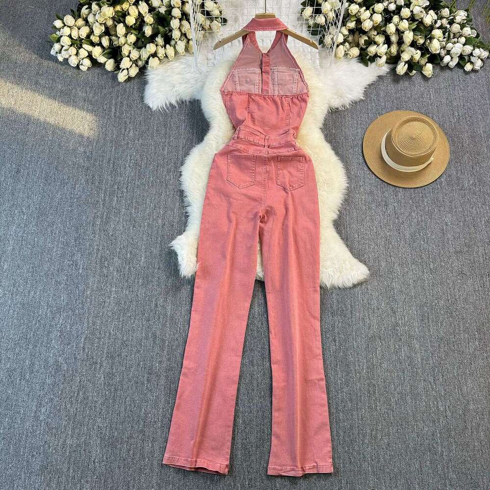 Wide Leg Jumpsuit Summer Denim Jumpsuit With Feminine Style Featuring Hanging Neck Sleeveless Design Exposed Back High Waist Slimming Effect And A Sli