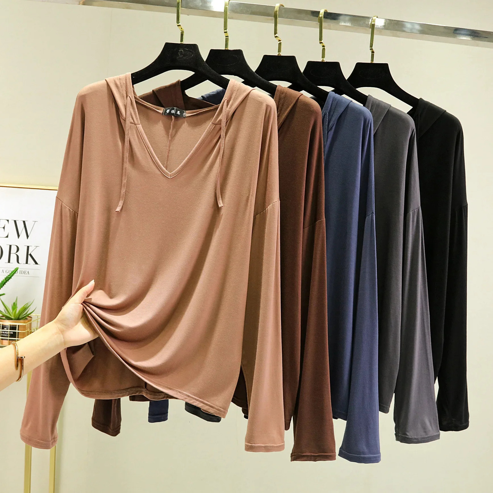 Modal Spring Summer Thin Hooded Sweatshirt Plus Size Base Layer Top Outer Wear TShirt Loose Fit Sun Protection Home Air Conditi 250514