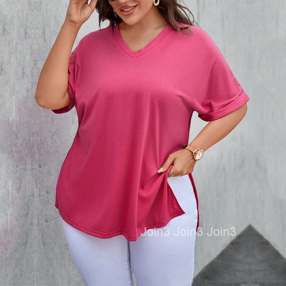 Large Size Womens New Sexy V-neck Loose Casual Slit Solid Color Short Sleeved T-shirt Top