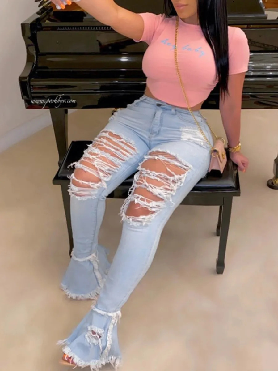 LW Plus Size Ripped Flared High Stretchy Jeans Streetwear Straight Pants Loose Wide Leg Pants Ladies Jeans Y2K Summer Jean 250515