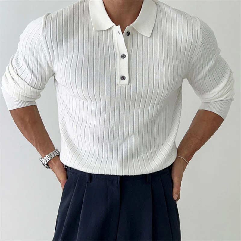 Mens Leisure Knit Polo Shirt Long Sleeve Button-down Premium Solid Color Pullover Knitwear Streetwear Clothing 250515