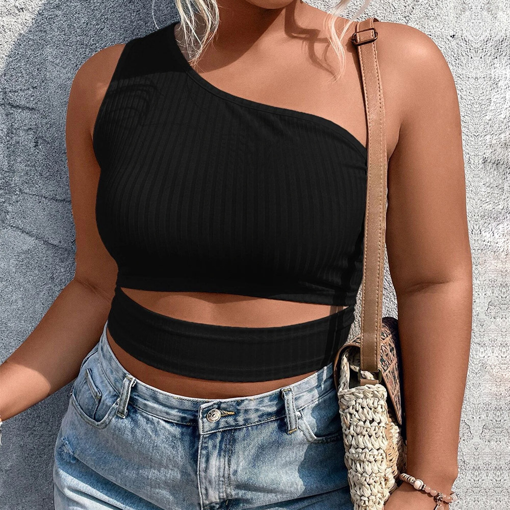 Large Size Womens New Instagram Fashion Versatile Sloping Shoulder Short Knitted Vest with Exposed Navel Top