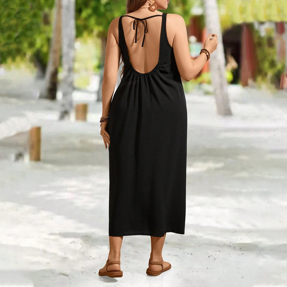 Plus Size Womens Simple Commuting Seaside Vacation Temperament Big Backless Strap Dress for Women
