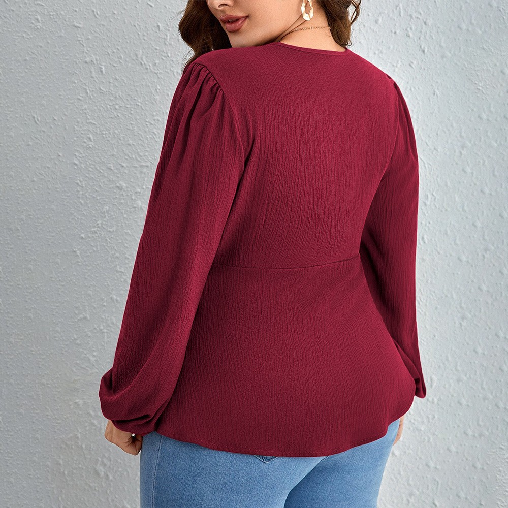 Plus Size Womens Clothing Queen Lady Style V-neck T-shirt Autumn and Winter Fashion Anti-aging Wine Red Top