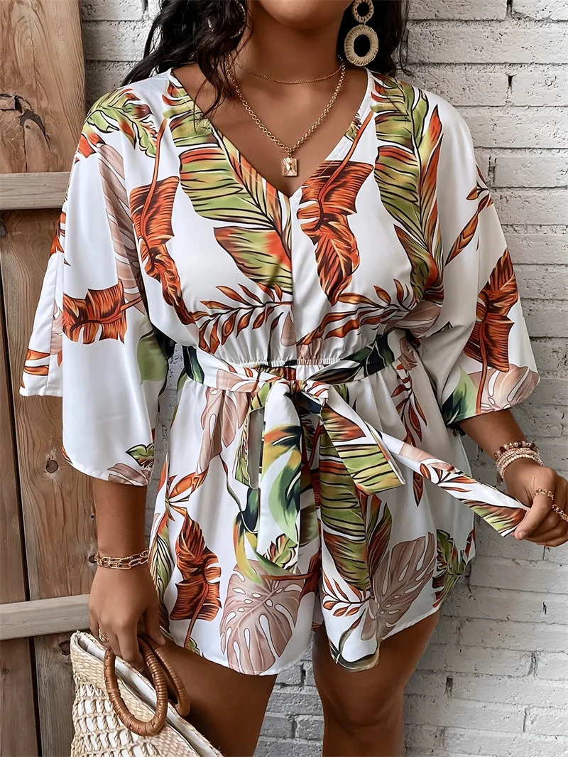 GIBSIE Plus Size Tropical Print Belted Jumpsuit Romper Women Summer V-Neck 34 Sleeve Beach Vacation Playsuit Womens Rompers 250515