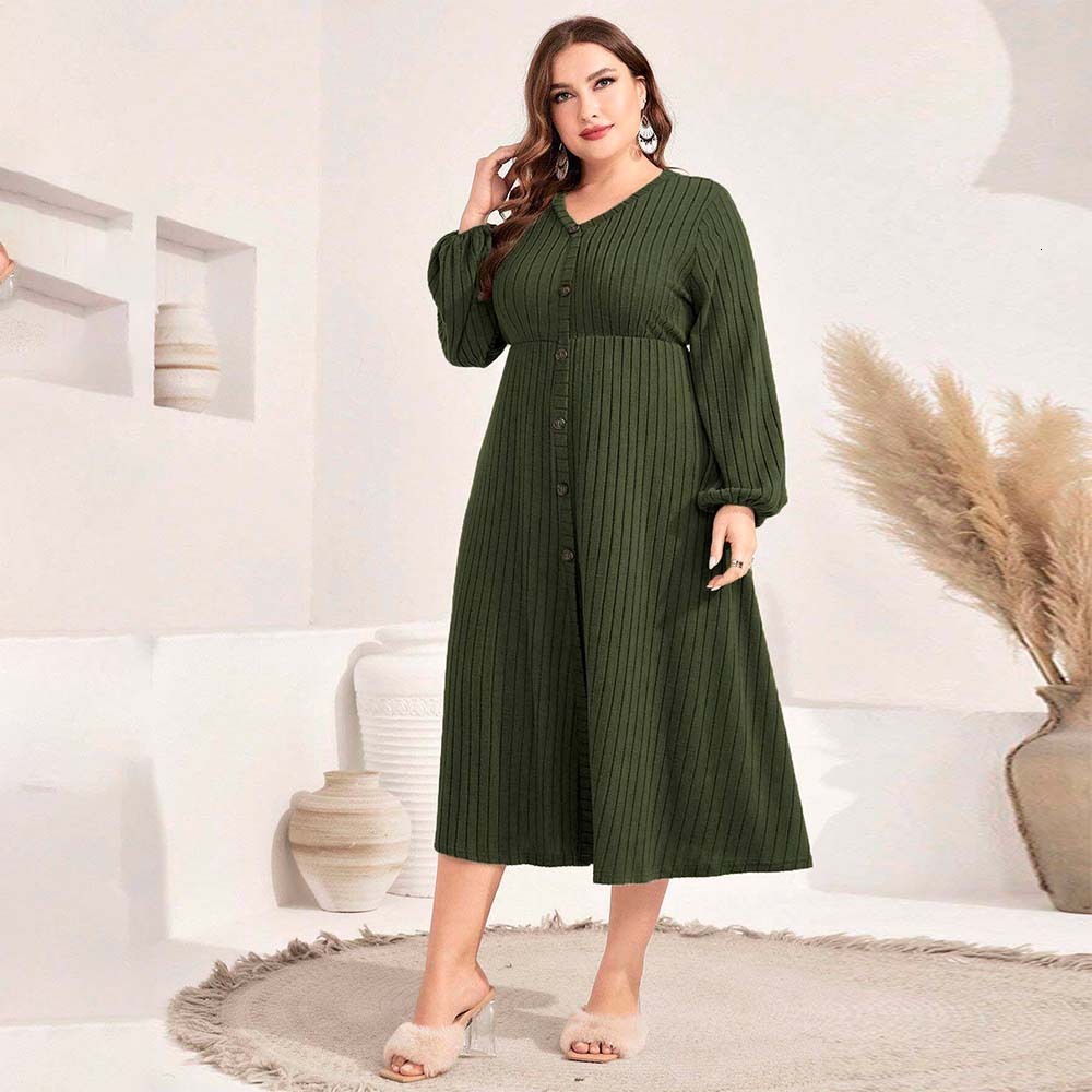 Oversized Womens Elegant V-neck Dress with Autumn and Winter Lantern Sleeves Mid Length Skirt with Design Sense