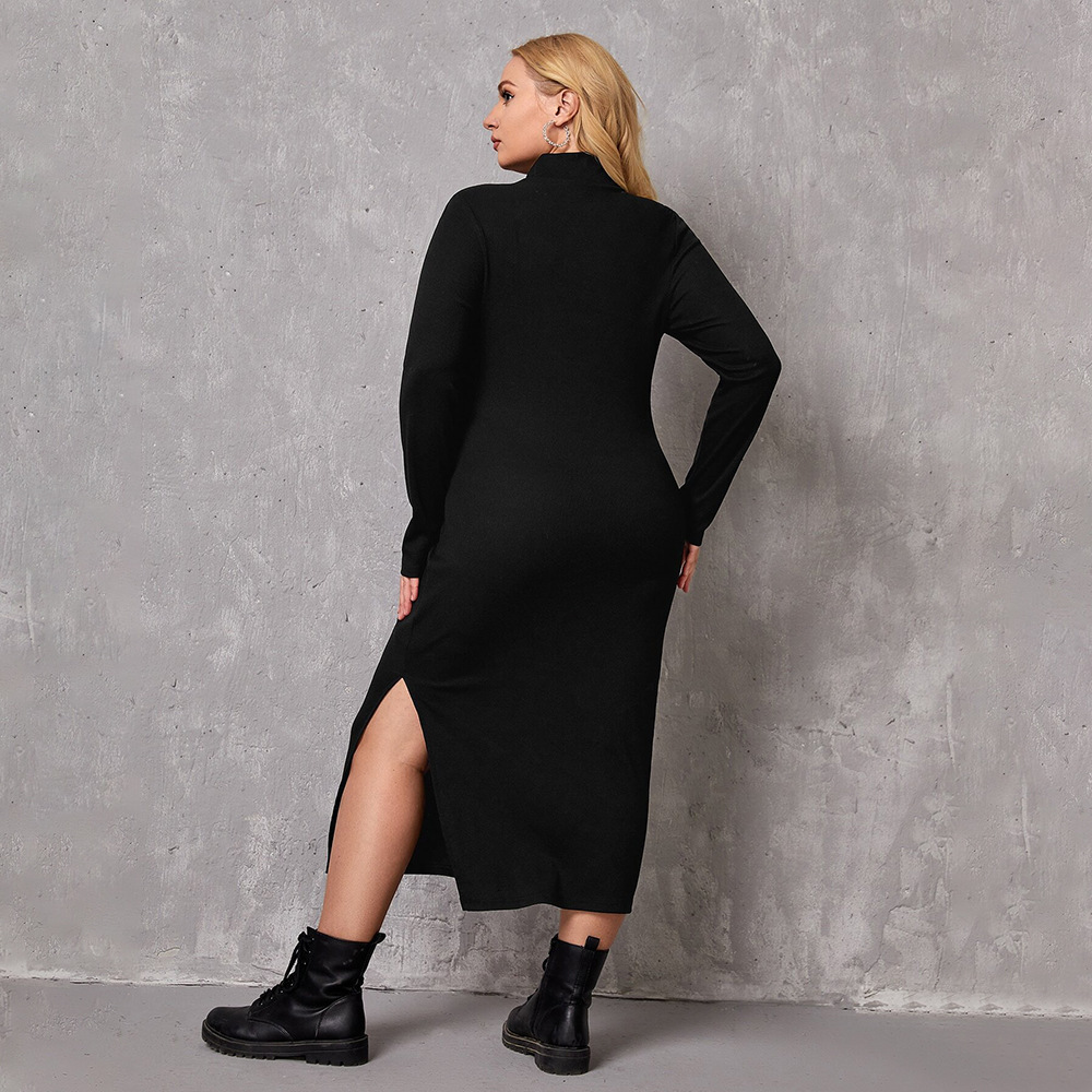Plus Size Womens Ladies Intellectual Style Dress Autumn and Winter High Neck Base Mid Length Skirt