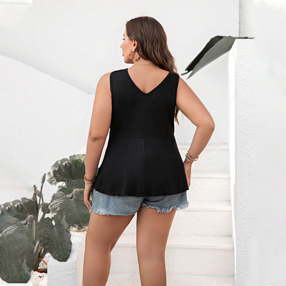 Plus Size Womens Simple Casual Style V-neck T-shirt Summer Versatile Sleeveless Top