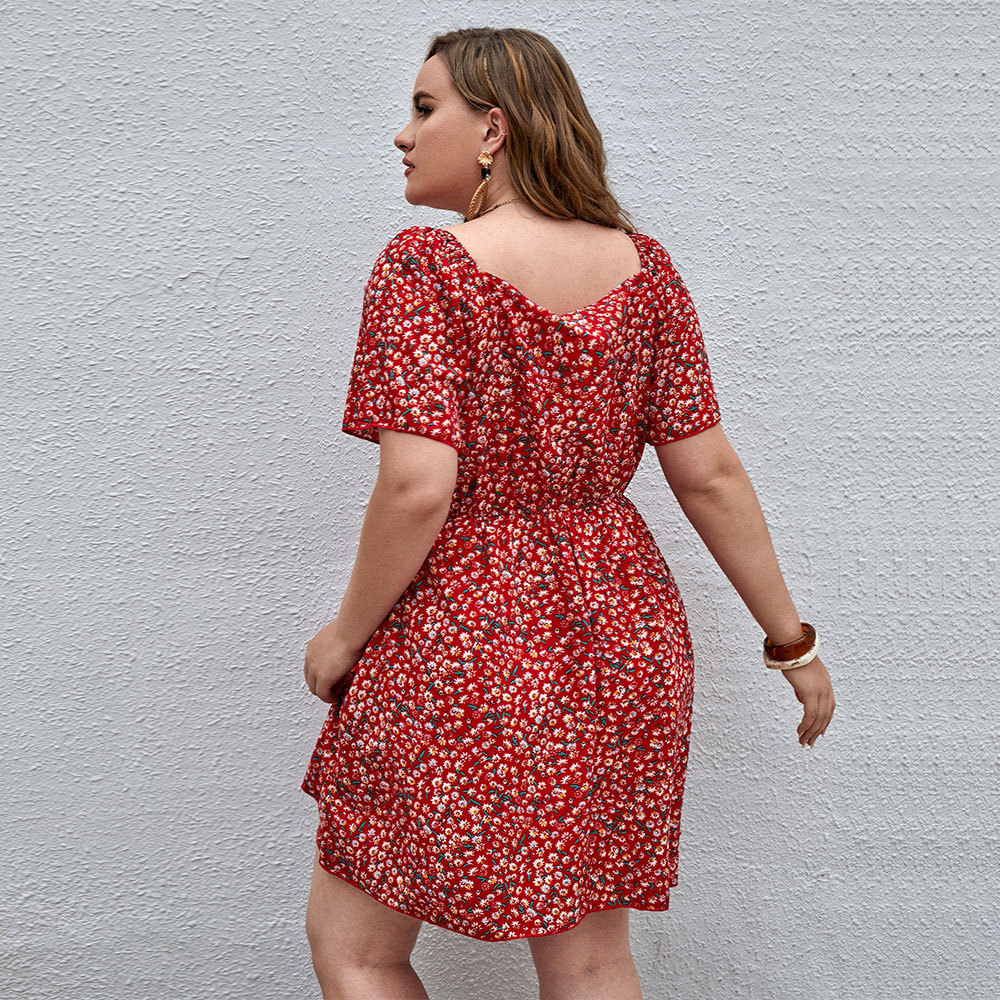 Plus Size Womens Spring and Summer Sexy V-neck Small Floral Beach Vacation Home Casual Dress