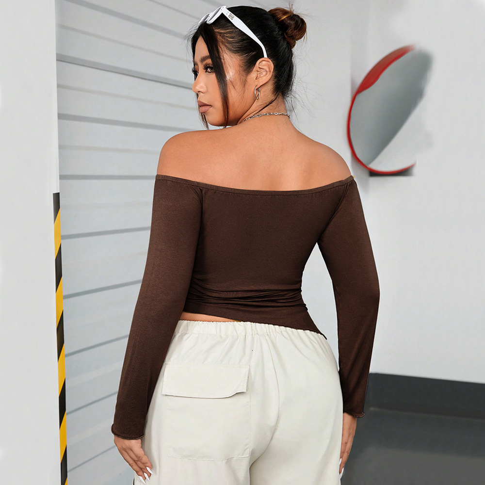 Large Size Womens Autumn and Winter Brown One Cut Collar Off Shoulder Long Sleeved T-shirt Sexy Solid Color Top