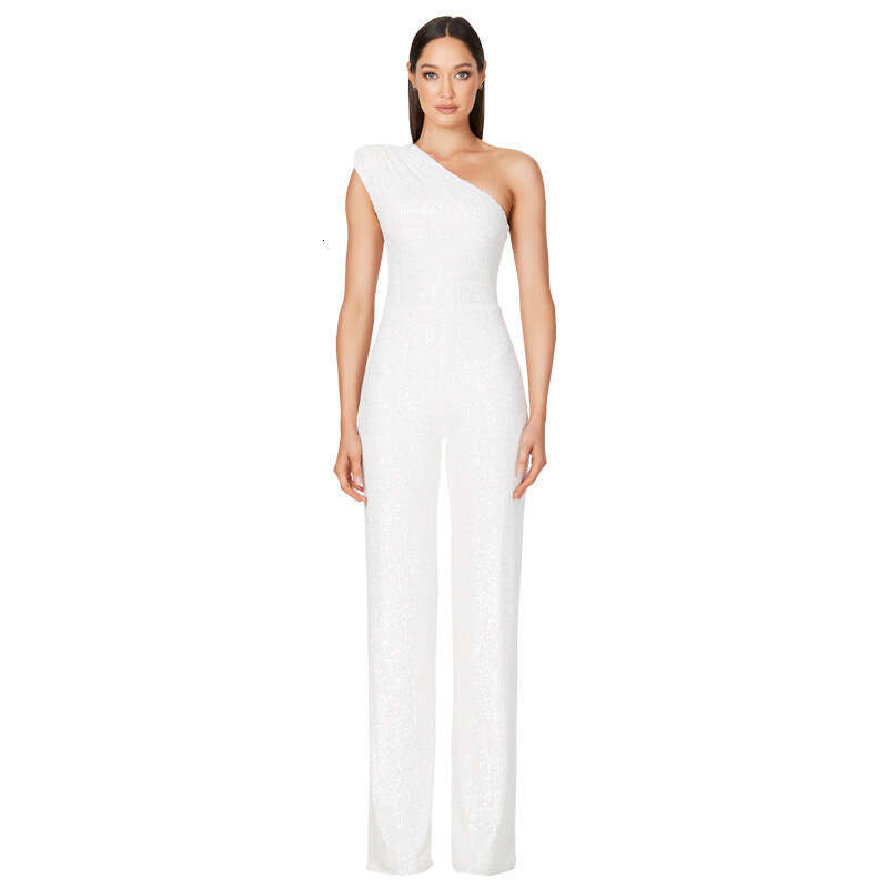 Wide Leg Jumpsuit INS Women S Sleeveless Summer Single Shoulder Sequined Jumpsuit For Women