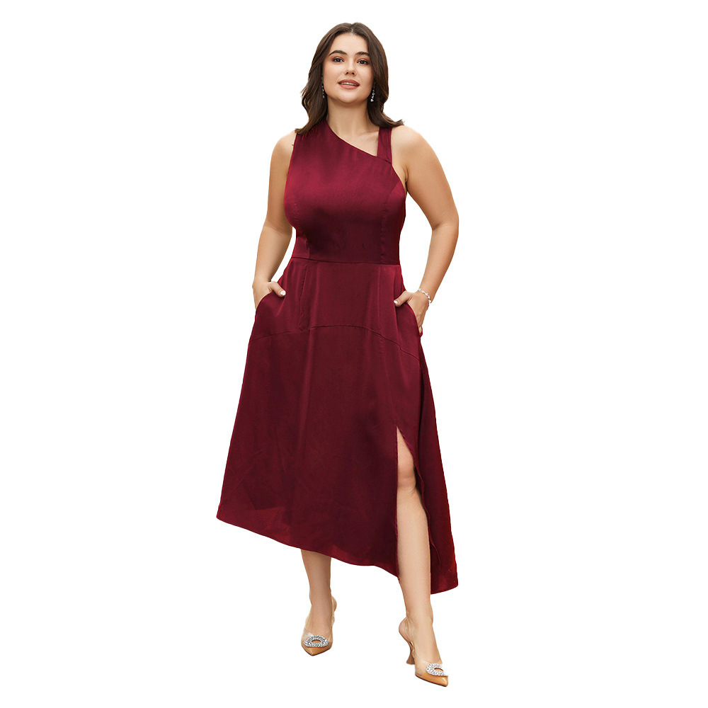Plus Size Womens Waist Up Sexy Off Shoulder Color Satin Party Red Dress